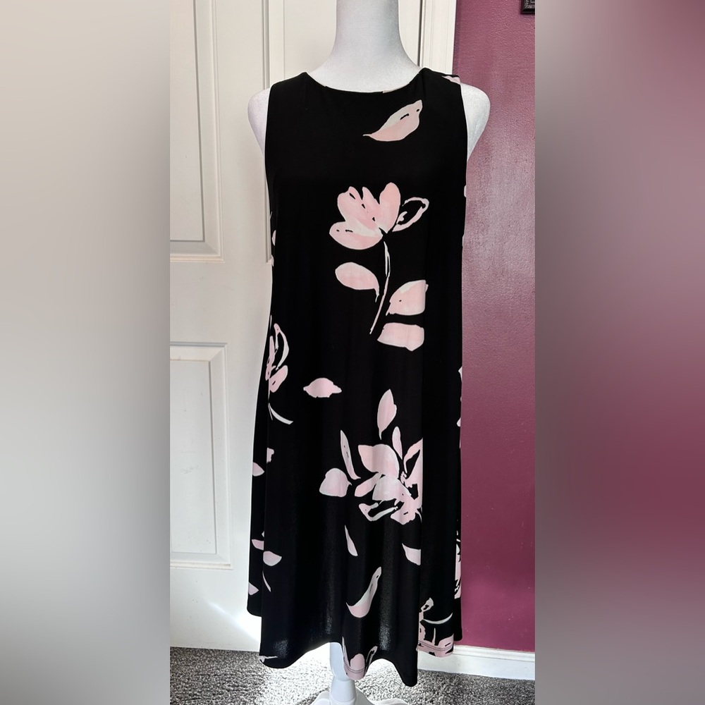 Chaps Sleeveless Dress Black With Pink Floral Size Medium